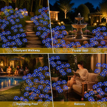 Solar Garden Lights Outdoor, Upgraded Solar Swaying Starburst Light Waterproof with 2 Modes, Solar Fairy Firework Lights for Yard Patio Pathway Flowerbed Balcony Garden Decoration (Blue, 2 Pack)