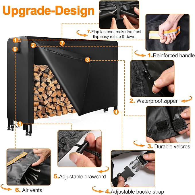 DOCEPERT 8 FT Outdoor Firewood Rack Cover (Log Rack not Included) - Waterproof Zippered Firewood Storage Cover with Openable Front Flap, 420D Oxford Fabric, Fits 96"X24"X49" Wood Racks, Black