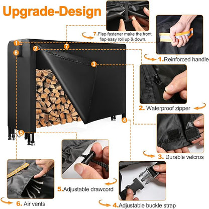 DOCEPERT 8 FT Outdoor Firewood Rack Cover (Log Rack not Included) - Waterproof Zippered Firewood Storage Cover with Openable Front Flap, 420D Oxford Fabric, Fits 96"X24"X49" Wood Racks, Black