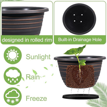 KPUVX 12 Inch Plastic Flower Pot for Indoor and Outdoor Plants, 3 Pack Large Planters with Drainage Holes & Saucers, Retro Antique Imitation Decorative Garden Pots
