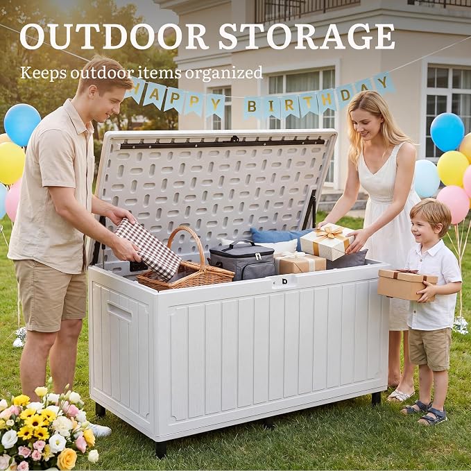 YITAHOME 90 Gallon Outdoor Storage Box with 6 Heavy-Duty Metal Legs & | Large Double-Wall Resin Deck Box, Lockable Waterproof Patio Organizer for Furniture, Cushions, White