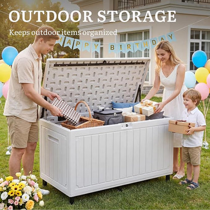 YITAHOME 90 Gallon Outdoor Storage Box with 6 Heavy-Duty Metal Legs & | Large Double-Wall Resin Deck Box, Lockable Waterproof Patio Organizer for Furniture, Cushions, White