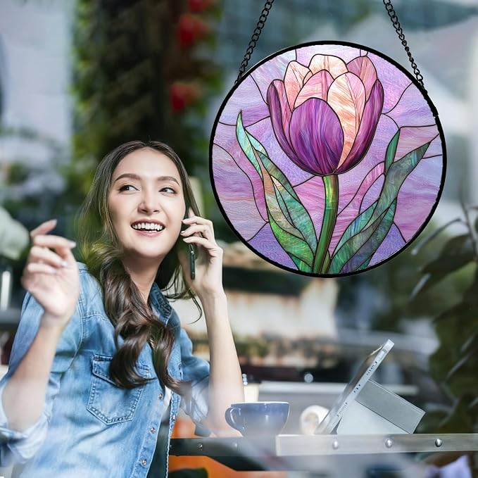 DASTOLL Stained Glass Window Hanging Purple Tulips Flower 9.8" - Suncatcher Door Garden Sun Catcher Home Decor Birthday Mother's Day for Mom Men Woman Parents Her Nana Friend