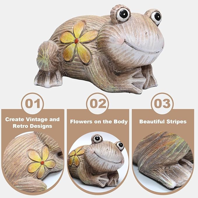 Artpaul Frog Statue for Garden Decor - Smiling Frog Sculpture with Yellow Flower Accents, Handcrafted Outdoor Cute Frog Gift & Lawn Decor