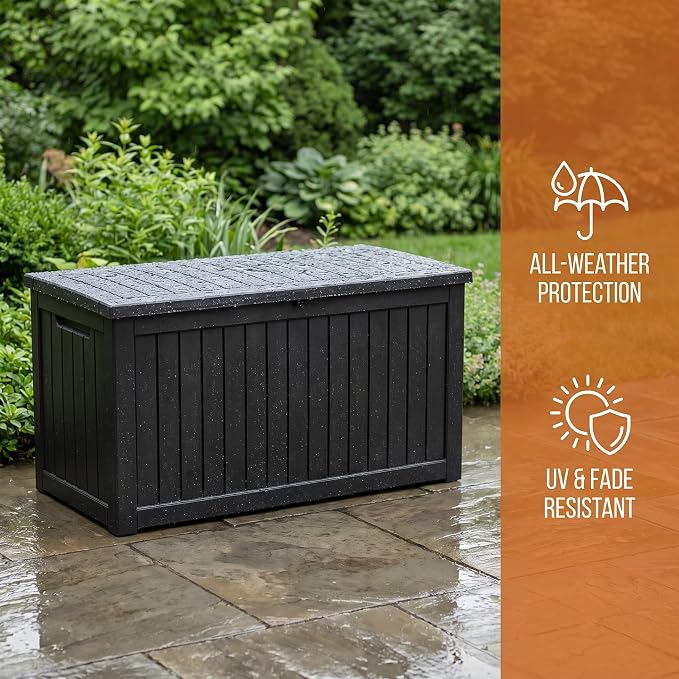 230 Gallon Deck Box, Waterproof Resin Outdoor Storage Box Lockable for Patio Furniture, Fade Resistant Patio Side Table & Organizer for Garden Tools, Pool Floats, Outdoor Cushions, Black