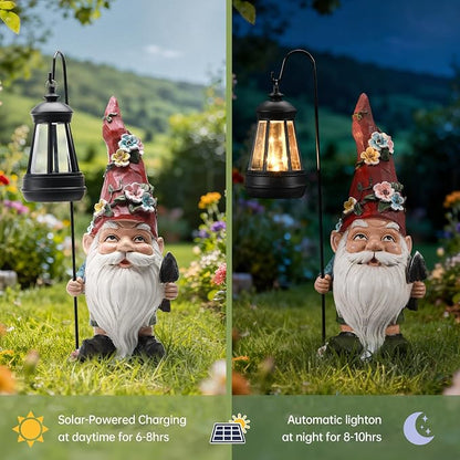 Garden Gnomes Statue with Solar Lantern, Outdoor Gnome Decorations for Yard, Outdoor Figurine Ornament with LED Lights for Patio Lawn, Mother's Day Birthday Gift for Women Mom Grandma