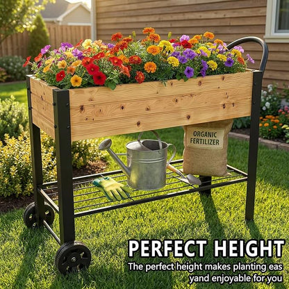 aboxoo Wooden＆Metal Large Planter Raised Beds with Legs Outdoor Planter Box on Wheels Elevated Garden Bed for Vegetables Flower Herb Patio (43" L x 12" W x 31.5" H)