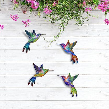 4 Pack Metal Hummingbird Wall Art Decor - 3D Colorful Birds Outdoor Wall Art,Hanging Decoration for Patio, Garden, Balcony and Fence (D)