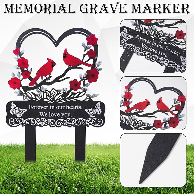 Red Cardinals Cemetery Decorations for Grave, Forever in Our Hearts We Miss You Metal Grave Marker for Outdoors Yard Garden Sympathy Decor, Memorial Plaque Stake for Remembrance Son Mom Dad