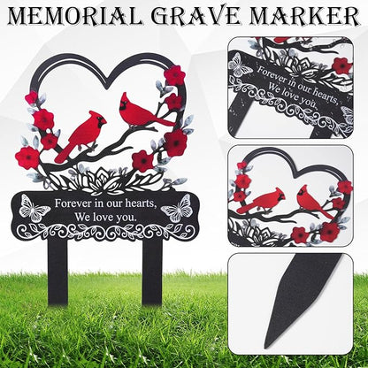 Red Cardinals Cemetery Decorations for Grave, Forever in Our Hearts We Miss You Metal Grave Marker for Outdoors Yard Garden Sympathy Decor, Memorial Plaque Stake for Remembrance Son Mom Dad