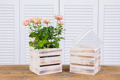 Wood Planter Box with Wine Crate Styled, 5 Inch Square, Whitewash, Plastic Liner, Garden Centerpiece Display, Wedding Flowers Holder, Home and Venue Decor (5x5 Wine Crate Set of 4, Whitewash)