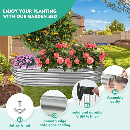 12" Tall Oval-Shaped / Elliptic Metal Raised Garden Bed Outdoor Silver | 72X36X12 Inch,1 FT Tall,0.8MM Thick Galvanized Metal Painted,for Variety of Flowers,Herbs,Vegetables.with Gloves,Tool free