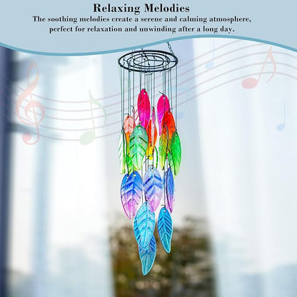 YU FENG 18 Inch Stained Glass Leaves Wind Chimes for Outside Garden | Handmade Glass Wind Chime, Forest Leaf Design, Rainbow Light Catcher, Patio Window Yard Hanging Decor