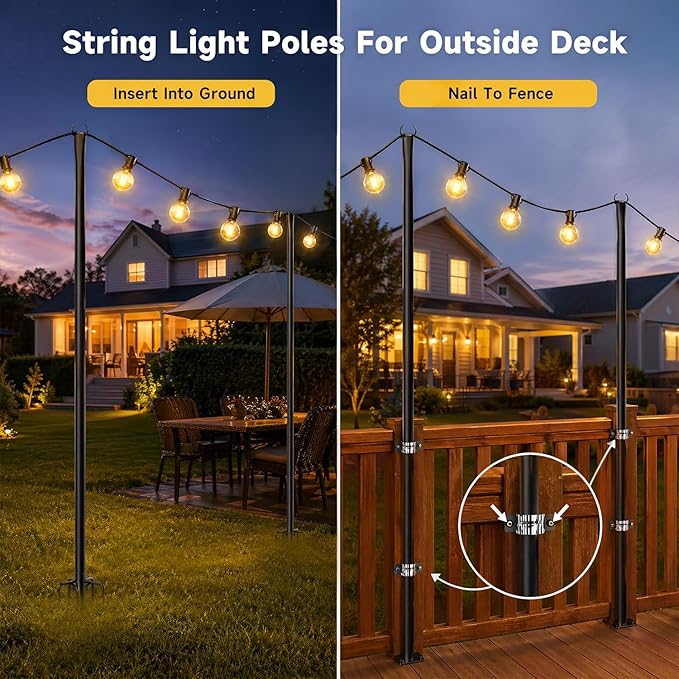 MuliVid 2 Pack 10FT Lighting Hanging Pole for Outside, Waterproof Hardened Metal Outdoor String Light Poles for Patio, Garden, Bistro, Wedding, Parties