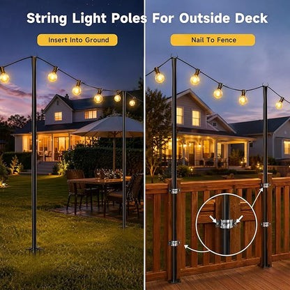 MuliVid 6 Pack 9FT String Light Poles for Outdoor,Metal Lights Hanging Pole Outside with Fork,Light Stand for Patio, Pergola, Garden, Backyard, Yard, Camping Party