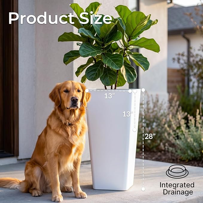 KOL Planters for Outdoor Plants, 28 Inch Tall White Flower Pots 2 Pack, Large Plastic Plant Pots with Drainage Hole and Dual-Purpose Tray, Decorative Indoor Planter for Front Porch Patio Garden