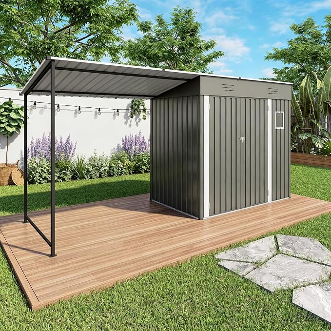 YOPTO 12x4 FT Metal Lean to Shed with Open-Sided Pergola,4x6 FT Outdoor Storage Shed & 6x4 FT Attached Hardtop Gazebo Combo,2-in-1 Durable Garden Tool Shed for Patio, Backyard, Deck,Gray