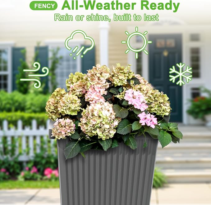 FENCY Set of 2 Tall Planters for Outdoor Plants, Gray Ribbed | 24 Inch, with Drainage Hole & Trays, Plastic Tapered Pots, Weather-Resistant, Front Door Decor