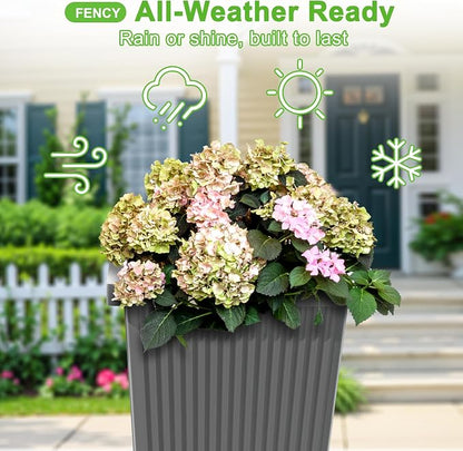 FENCY Set of 2 Tall Planters for Outdoor Plants, Gray Ribbed | 24 Inch, with Drainage Hole & Trays, Plastic Tapered Pots, Weather-Resistant, Front Door Decor