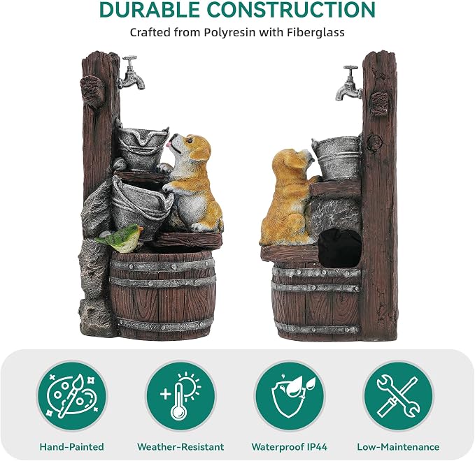 24.5" Puppy & Green Bird Outdoor Fountain with LED Lights | Pastoral Buckets & Wooden Barrel Water Feature, 3-Tiers Soothing Cascading Waterfall for Patio, Backyard, Garden