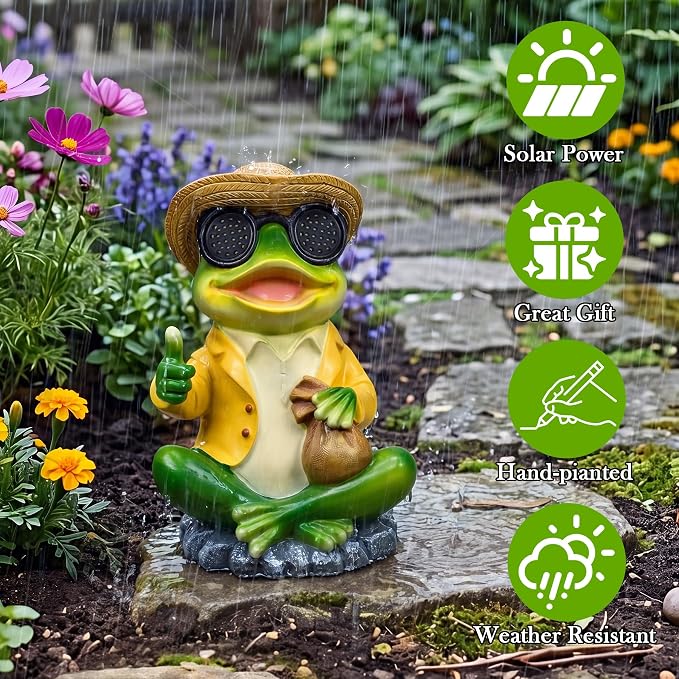 8.7" Solar Frog Statue Glowing Glasses - Funny Garden Decor Thumbs Up Money Bag Lucky Frog Figurine, Outdoor Resin Yellow Shirt Hand Painted Stone Base Patio Lawn Porch Gift Whimsical
