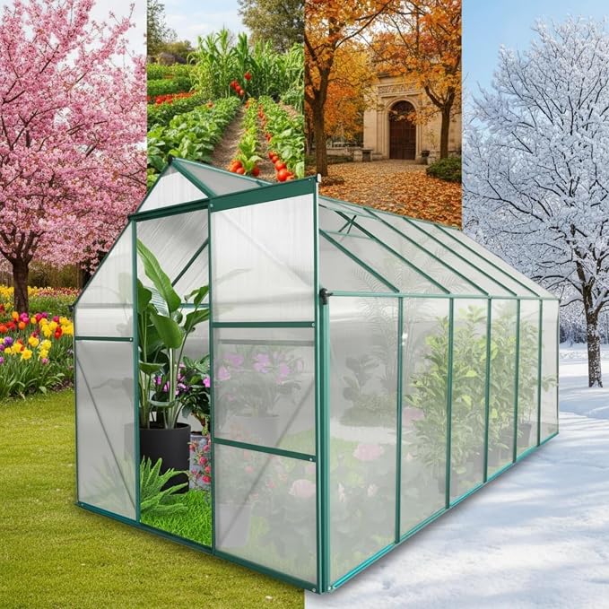 6x12 FT Greenhouse, Walk-in Polycarbonate Greenhouses with Sliding Doors, Aluminum Frame, Adjustable Roof Vent, Raised Base & Anchor, Outdoor Backyard Greenhouse for All Seasons, Green