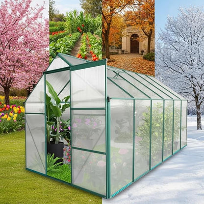 6x12 FT Greenhouse, Walk-in Polycarbonate Greenhouses with Sliding Doors, Aluminum Frame, Adjustable Roof Vent, Raised Base & Anchor, Outdoor Backyard Greenhouse for All Seasons, Green