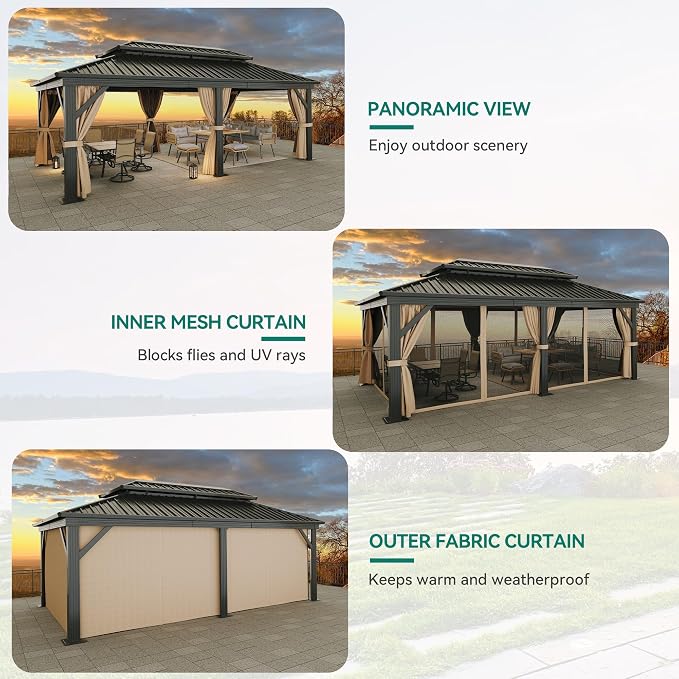 YITAHOME 12x20ft Gazebo Double Roof Hardtop Canopy Outdoor Heavy Duty w/Nettings and Curtains, Upgraded Aluminum Column Galvanized Steel Vertical Stripes Roof for Patio, Backyard, Deck, Lawns, Brown