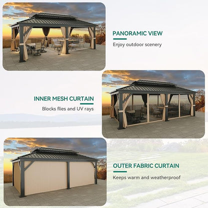 YITAHOME 12x20ft Gazebo Double Roof Hardtop Canopy Outdoor Heavy Duty w/Nettings and Curtains, Upgraded Aluminum Column Galvanized Steel Vertical Stripes Roof for Patio, Backyard, Deck, Lawns, Brown