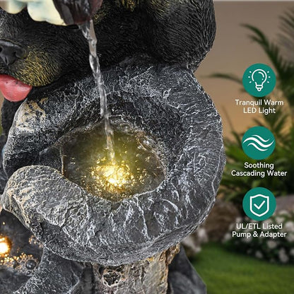 38" H Playful Twin Bear Statue Outdoor Fountain with LED Lights | Whimsical Multi-Tiered Stone Vessel Water Feature with Soothing Cascading Waterfall for Patio, Backyard, Garden or Porch