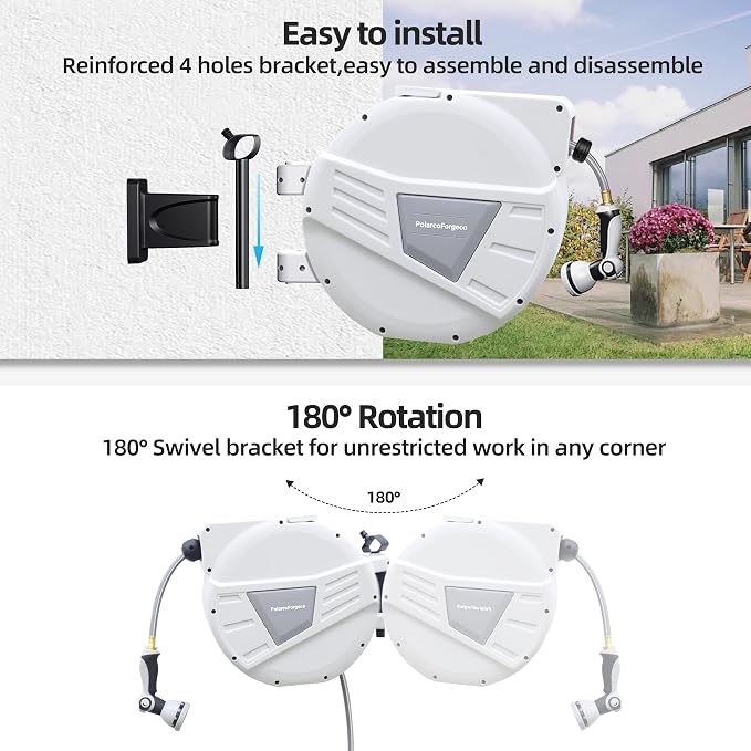 Garden Hose Reel Retractable 1/2 Inch x 100 ft, Wall Mounted with 10 Pattern Nozzle, Slow Return System and 180 Swivel, Gray