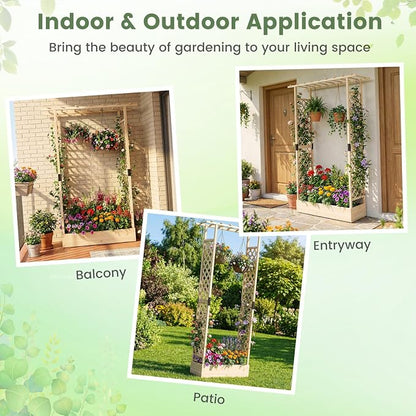 Giantex Wooden Raised Garden Bed with Trellis & Hanging Roof, Fir Wood Planter Box, 89” Freestanding Elevated Garden Bed for Outdoor Climbing Plants Vegetables Flowers, Patio & Balcony, Natural