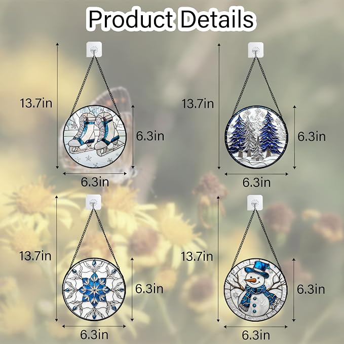 DASTOLL Stained Glass Window Hanging 4 Pcs Set White Winter Christmas Snow Scene 6.3" - Suncatcher Door Garden Sun Catcher Decor Birthday for Mom Woman Nana Men Friend Wife