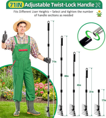 Iron Weed Rake with 71" Adjustable Long Handle, 8 Teeth Manual Weed Remover Tool Heavy Duty Garden Weed Puller with Gloves for Yard, Lawn, Garden | Heavy Duty, 71" Adjustable Long Handle