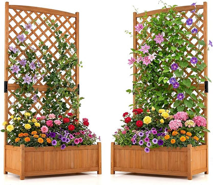 HAPPYGRILL 2 Pcs Raised Garden Bed, 71" Wooden Planter Box with Trellis, Drainage Holes, Freestanding Elevated Garden Bed for Vine Climbing Plants (Yellow)