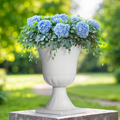 2-Pack 22" White Terrazzo Plastic Urn Planters with Drainage Holes | Set of 2 PP urn planters with white terrazzo finish, drainage plugs, UV-treated surface, and KD base for porch or patio