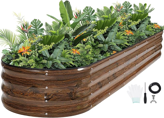 G GOOD GAIN Raised Garden Beds - 8x2x1ft Galvanized Planter Boxes Kit with Protective Tape & Gloves & Tools | Oval Metal Outdoor Raised Bed for Gardening Vegetables, Fruits, Flowers, Herbs, Grain