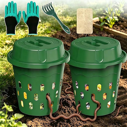 Upgrade Worm Composter 2 Pack 8L, Outdoor Indoor Worm Farm Kit for Garden, Compost Bin for Kitchen Waste, Vermicomposting Bin with Gloves, Rake, Loofah Scrubber – Organic Fertilizer Maker for Plants