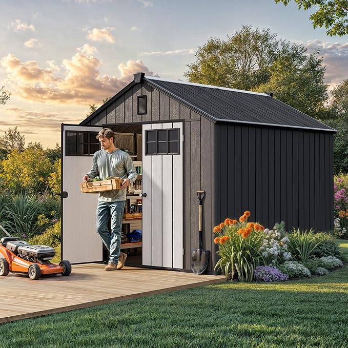 YITAHOME 8x10 FT Outdoor Storage Shed with Floor, Extra Thick Plastic Garden Shed for Bikes, Tools and Pool Supplies, Resin Storage Shed with Door Window Insert, Vents for Patio Backyard, Black