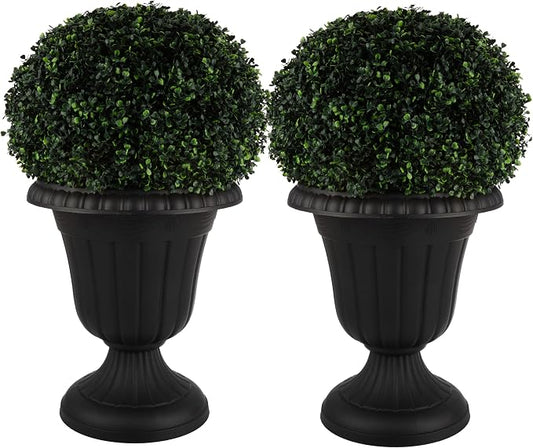 Outdoor Planter 2-Pack - 16x18-Inch Urn Planters - Plastic Plant Pots for Indoor, Outdoor, or Front Porch Decor - Flower Pots by Pure Garden (Black)