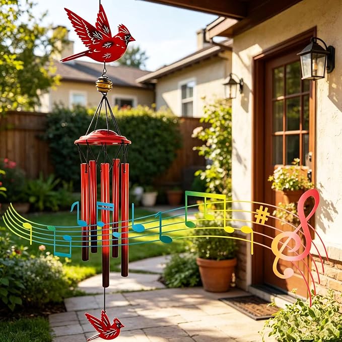 Cardinal Wind Chimes Outdoor Gift Metal Red Bird Wind Chimes for Outside/Indoors, Home, Lawn, Porch, Patio, Garden Decor, Yard Decoration (Fly red Bird)