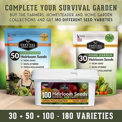 Farmer Seed Vault – 100 Packs of Seed for Heirloom Vegetable Gardens | Non-GMO Vegetables, Fruits, Herbs for Planting – Sealed Kit for Long-Term Emergency Storage - Survival Garden Seeds