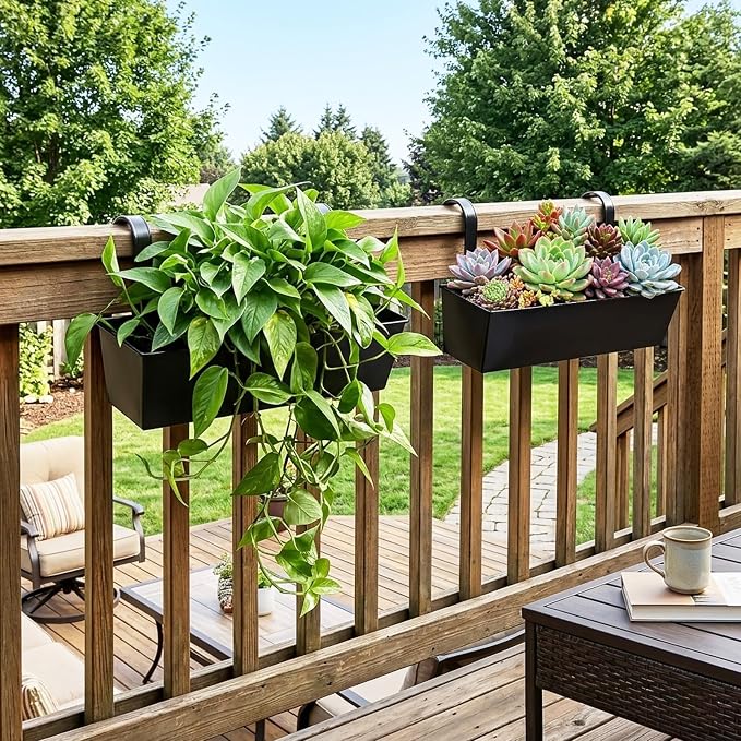 Outdoor Railing Hanging Planter Pot, 17" Metal Planter Pots for Plants, Fence Flower Pot for Porch Balcony with Detachable Hook & Drainage Hole (Rectangular-Black, Pack of 2)