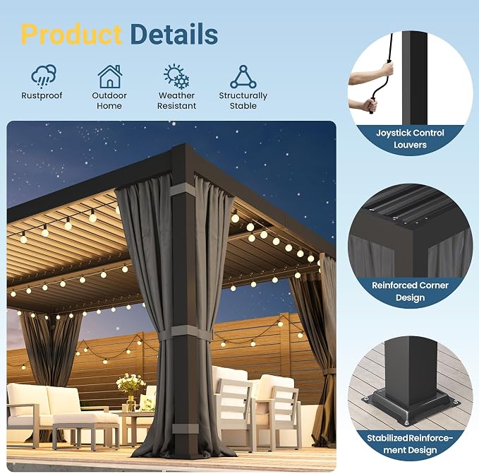 12' x 16' Louvered Pergola, Aluminum Frame Outdoor Pergola with Adjustable Louvered Roof, Curtains & Netting, Gutter System, Hardtop Patio Gazebo for Patio, Deck, Garden, Yard, Dark Gray