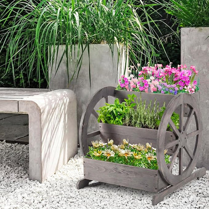 Beeveer Wooden Wagon Planter Box Garden Planter for Outside with Drainage Holes Decorative for Patio Garden Balcony Vegetables Flowers Herbs(Washed Antique Gray)