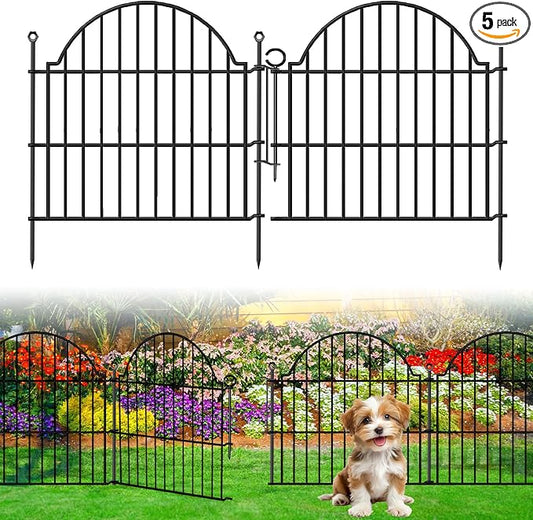 5 Panels Decorative Metal Garden Fence with Gate, 24in (H) x 10ft (L) No Dig Dog Fence Outdoor for Yard, Temporary Rustproof Metal Wire Rabbit Dog Garden Border Fencing for Patio