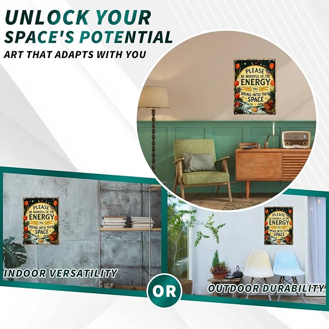 Please Be Mindful of the Energy You Bring Retro Tin Sign Spiritual Decor For Spiritual Decor Lovers Yoga Meditation Enthusiasts Home Yoga Room Metal Wall Art 12x16inch