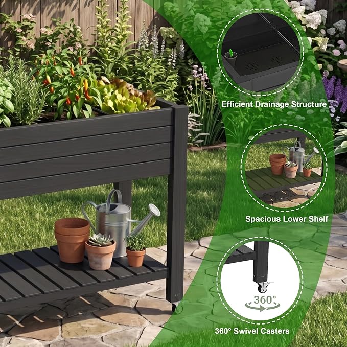 Elevated Resin Raised Garden Bed, 33.7in Height Raised Planter Box with Drainage Holes, Lockable Rotating Wheels & Bottom Storage Shelf, Stake Support, Easy Assembly for Patio Lawn Backyard Balcony