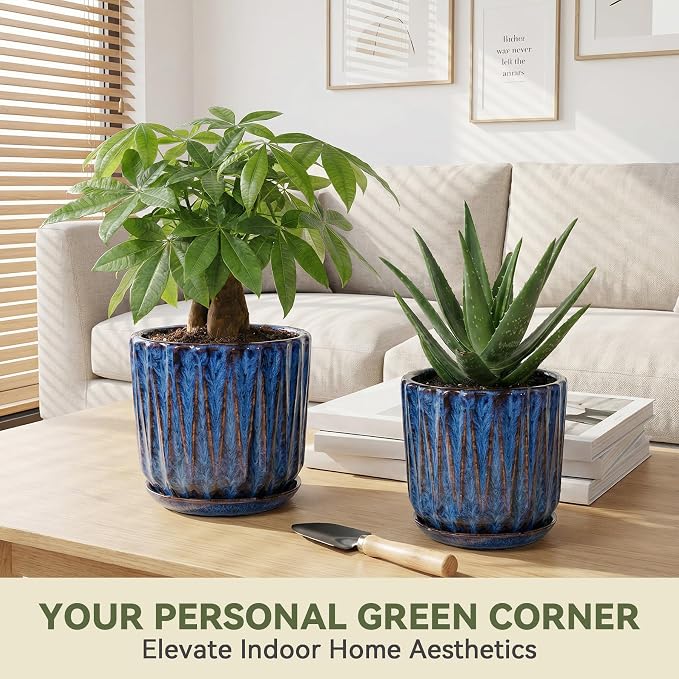 10 Inch Ceramic Planter Pot with Saucer Drainage Leak-Proof Mesh,Flower Pots for Indoor Plants with Gardening Gloves,Ceramic Planter(Peacock-Blue)