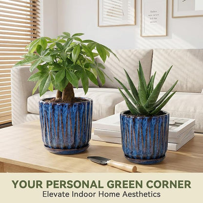 10 Inch Ceramic Planter Pot with Saucer Drainage Leak-Proof Mesh,Flower Pots for Indoor Plants with Gardening Gloves,Ceramic Planter(Peacock-Blue)